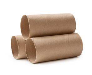 Side view of brown tissue paper cores in stack isolated on white background with clipping path