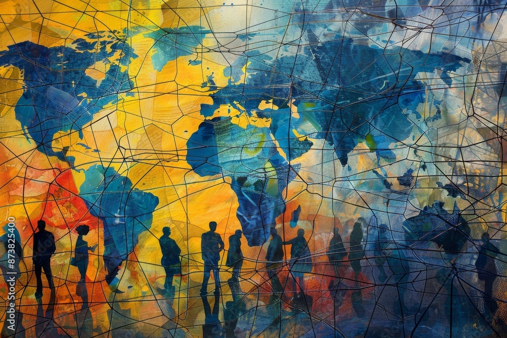 Poster people standing in front of a world map, an artistic depiction of networking and connectivity in a g