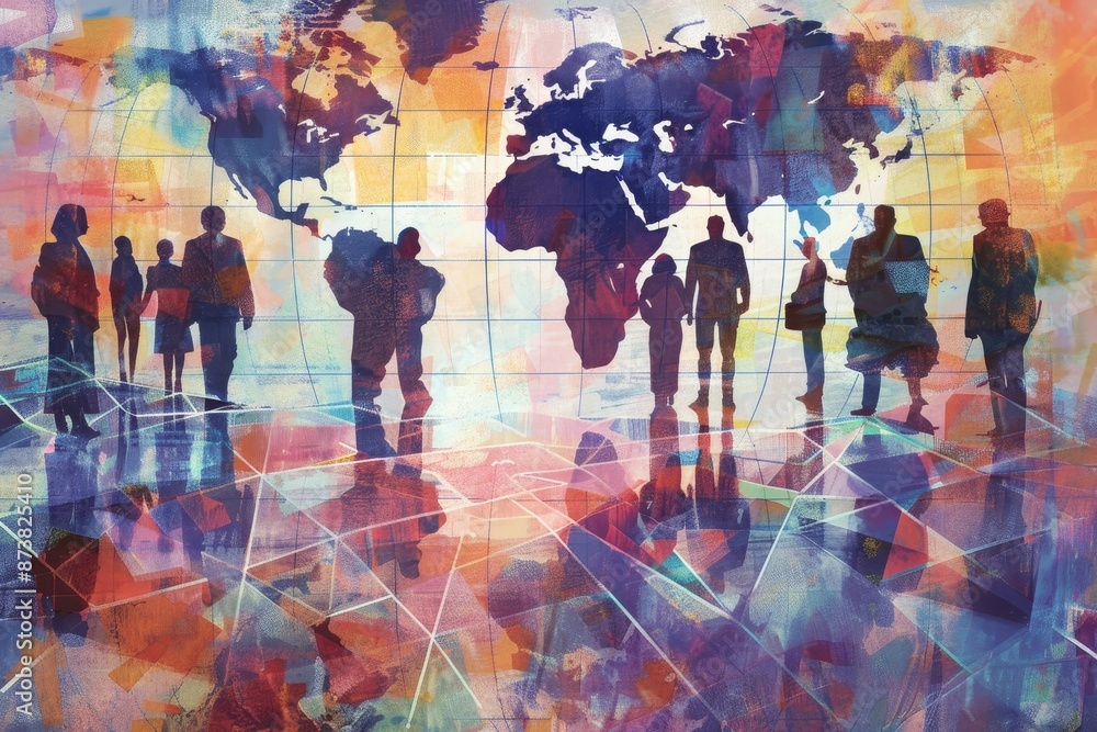 Poster group of people standing in front of world map, an artistic depiction of networking and connectivity
