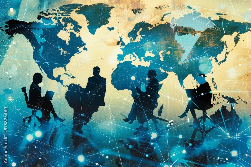 Aufkleber people gathered around a large world map, discussing and planning global strategies and connections,