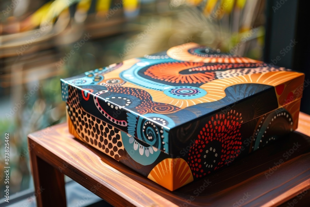 Poster a vibrant box with abstract patterns sits on a wooden table, creating a colorful and decorative disp