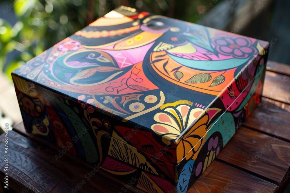 Poster a vibrant box with abstract patterns resting on a rustic wooden table, an artistic gift box featurin