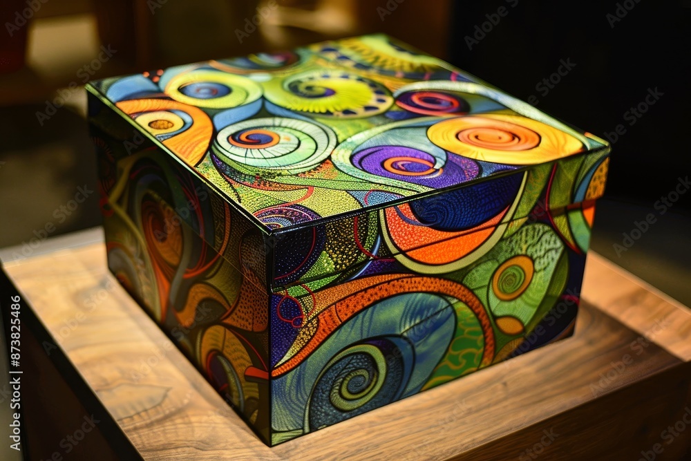 Poster a vibrant box adorned with abstract patterns rests on a solid wooden table, an artistic gift box fea