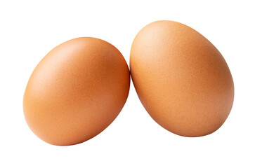 Front view of two fresh brown chicken eggs isolated with clipping path in png file format