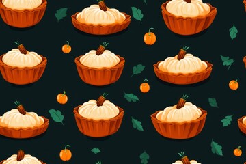 Naive illustration of a pumpkin pattern with pies and whipped cream, Thanksgiving Day
