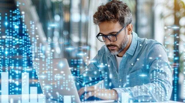 Focused professional working on laptop with digital data overlay highlighting technology, data analysis, and innovation in office environment.