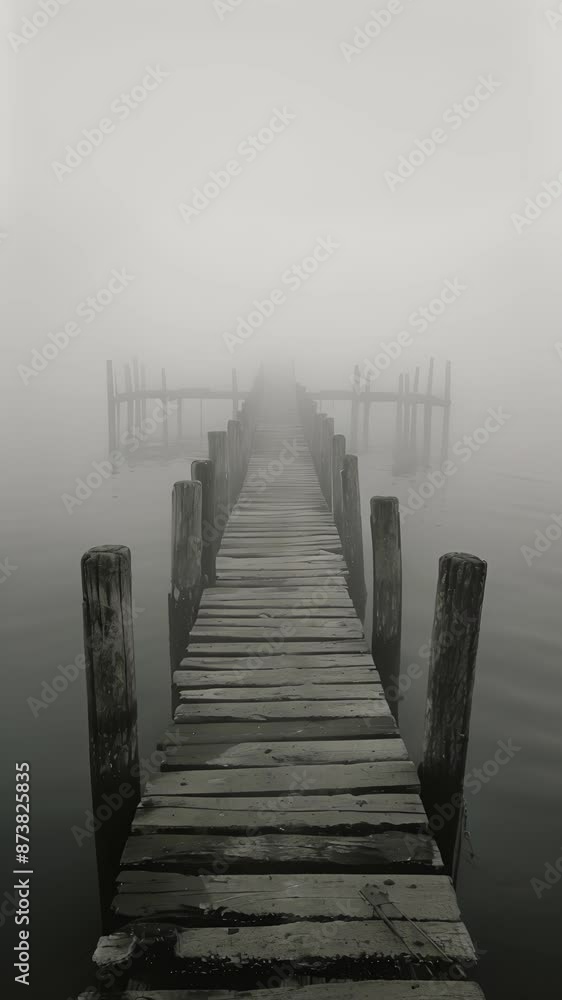 Poster an empty pier fades into the fog creating a sense of desolation and abandonment in the harbor. black