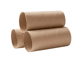 Side view of brown tissue paper cores in stack isolated with clipping path in png file format