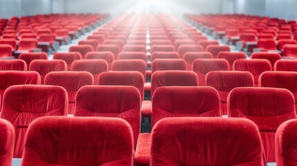 Naklejka premium Empty theater seats with red upholstery, arranged in rows, illuminated by soft light, representing a cinema or auditorium setting.