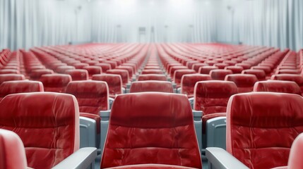 Obraz premium Empty theater with rows of red seats, ready for audience. Ideal setting for cinema, performance, presentation, or conference.