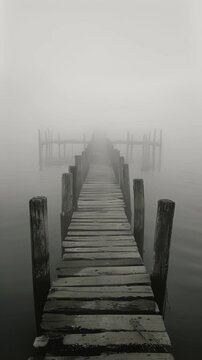 An empty pier fades into the fog creating a sense of desolation and abandonment in the harbor. Black and white art