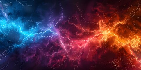 Fototapeta premium Abstract background with colorful lightning and thunder, vibrant electric storm in red blue yellow orange colors