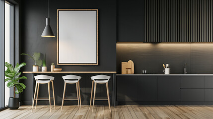 Modern studio interior with wooden flooring, empty white mock up banner on wall, panoramic window and city view, furniture and daylight. 3D Rendering