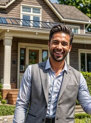 smiling Caucasian guy who owns a small real estate services company showing a house to his clients.