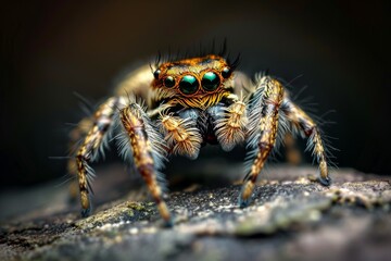 Detailed shot of a jumping spider, highlighting its unique features and agile stance, AI generated