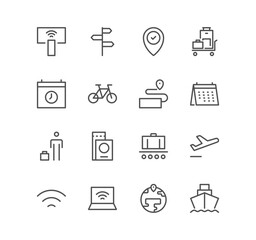 Set of travel and tourism icons, hotel, vacation, journey, transportation and linear variety vectors.	
