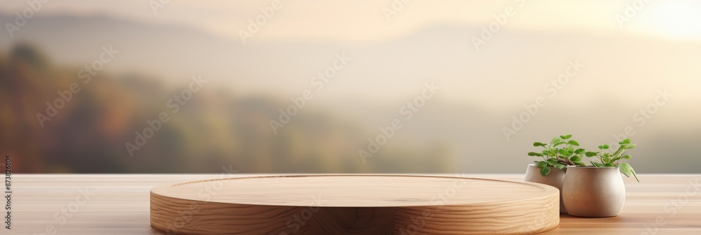 Canvas Prints Wooden Platform on a Table with Plants in the Foreground and a Blurred Mountain Background