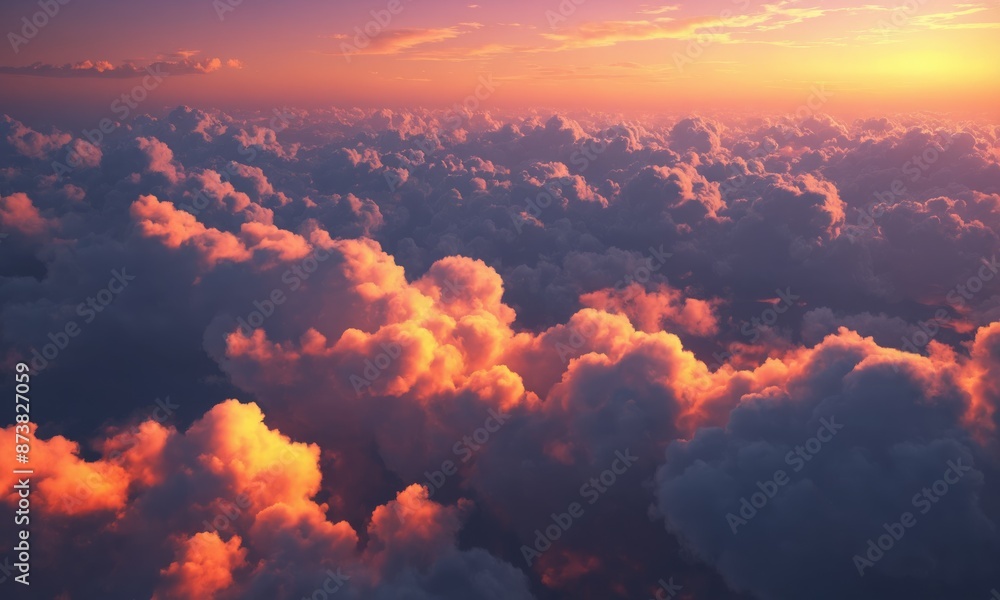 Wall mural Aerial view of clouds illuminated by the setting sun