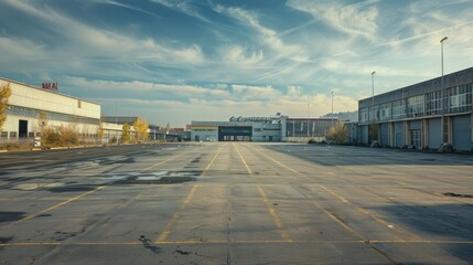 A large parking lot extends out, with several buildings in the back, including aircraft hangars, warehouses, or modern factories, symbolizing industrial and commercial infrastructure.