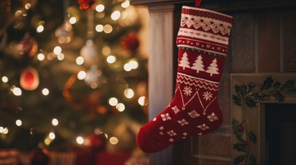 Cozy Christmas Stocking Hanging by Fireplace with Decorated Tree and Warm Holiday Lights