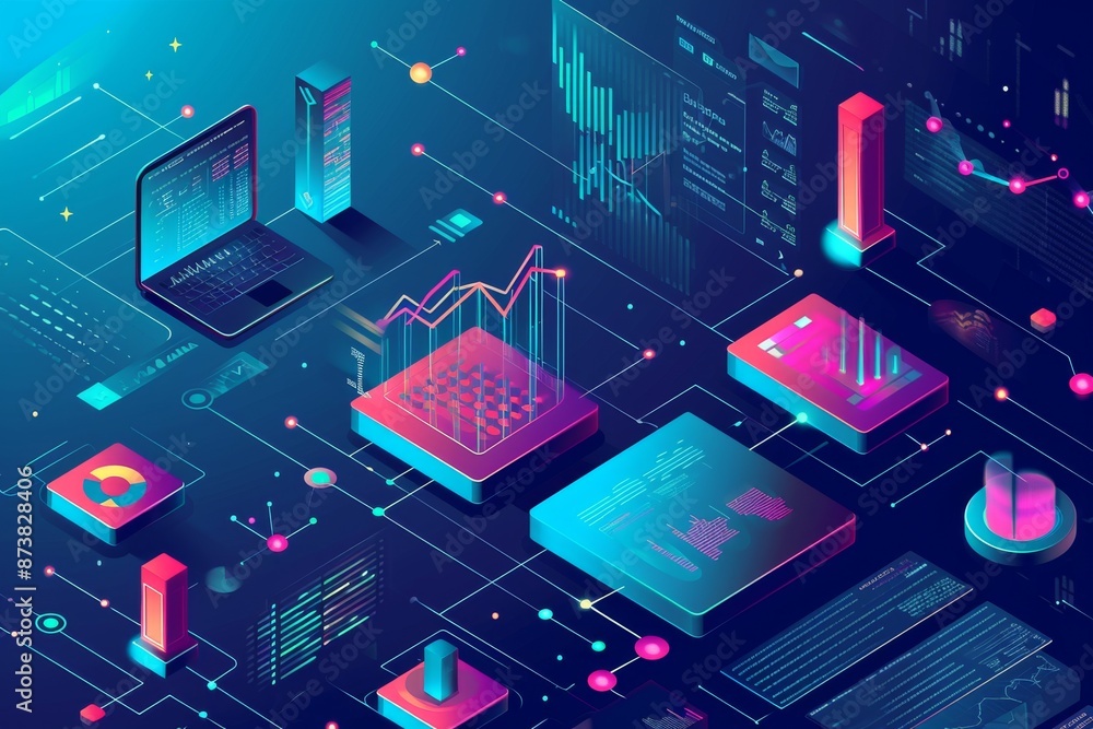 Poster isometric view digital marketing data analysis insight report, an illustration of a person in a high