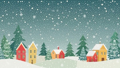 A winter scene with quaint buildings and trees covered in snow under a cloudy sky, creating a beautiful Christmas landscape