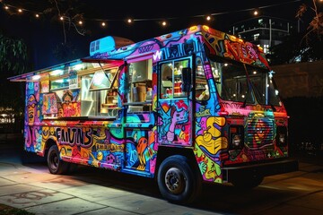 Obraz premium A brightly colored food truck with graffiti-covered exterior parked on the side of a road, An eclectic food truck with a graffiti-covered exterior, offering fusion cuisine from around the world