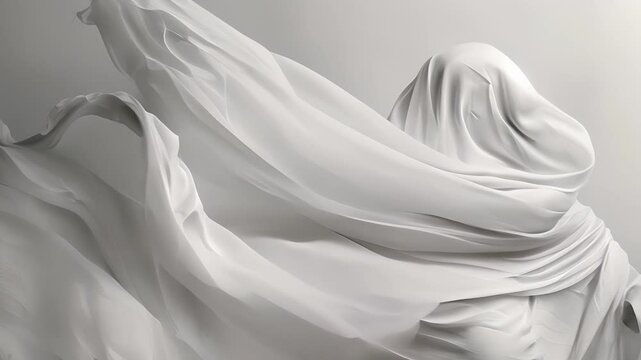A faceless figure wrapped in flowing white fabric creating a sense of mystery and anonymity. Black and white art