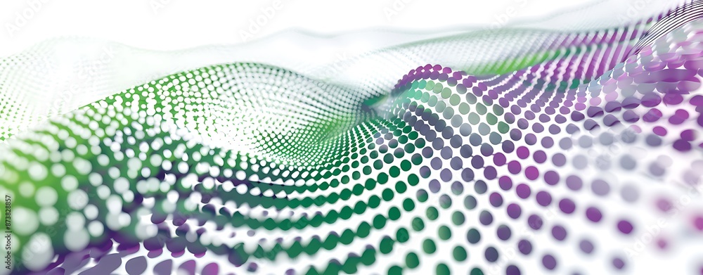 Poster a vibrant, abstract wave of dots in green and purple, creating a sense of movement and depth against