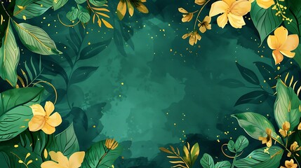 Luxury watercolor art background with golden leaves and flowers in line art style. Botanical abstract green banner for decoration, print, wallpaper, textile, interior design. Generative Ai