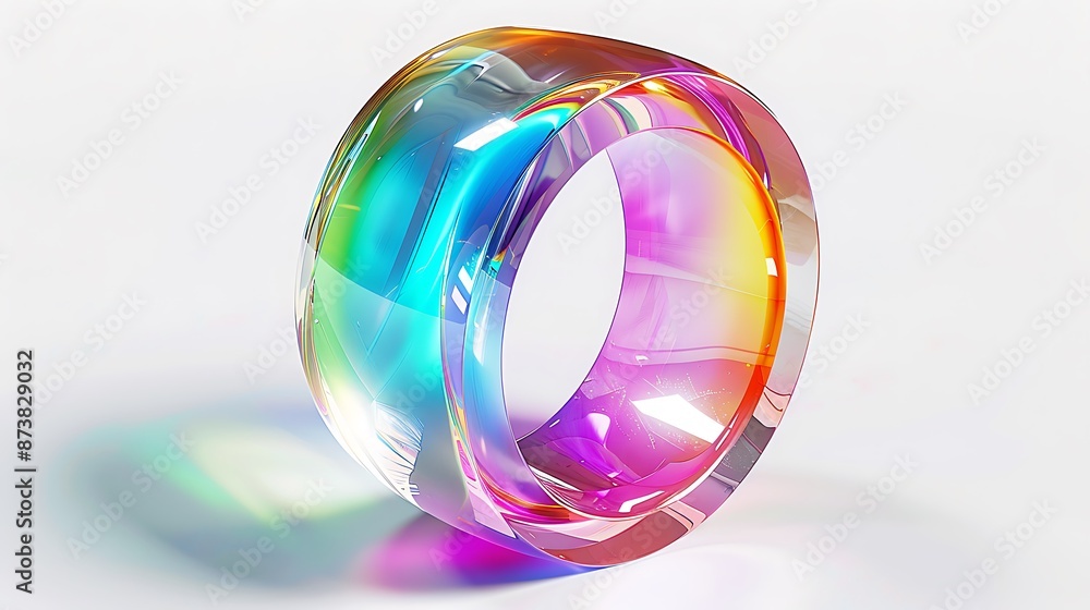 Poster create a sleek, translucent ring with a rainbow gradient effect, set against a pristine white backgr