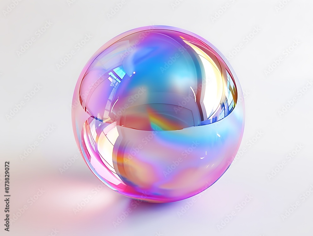 Poster generate an image of a floating, transparent sphere with iridescent colors, set against a white back