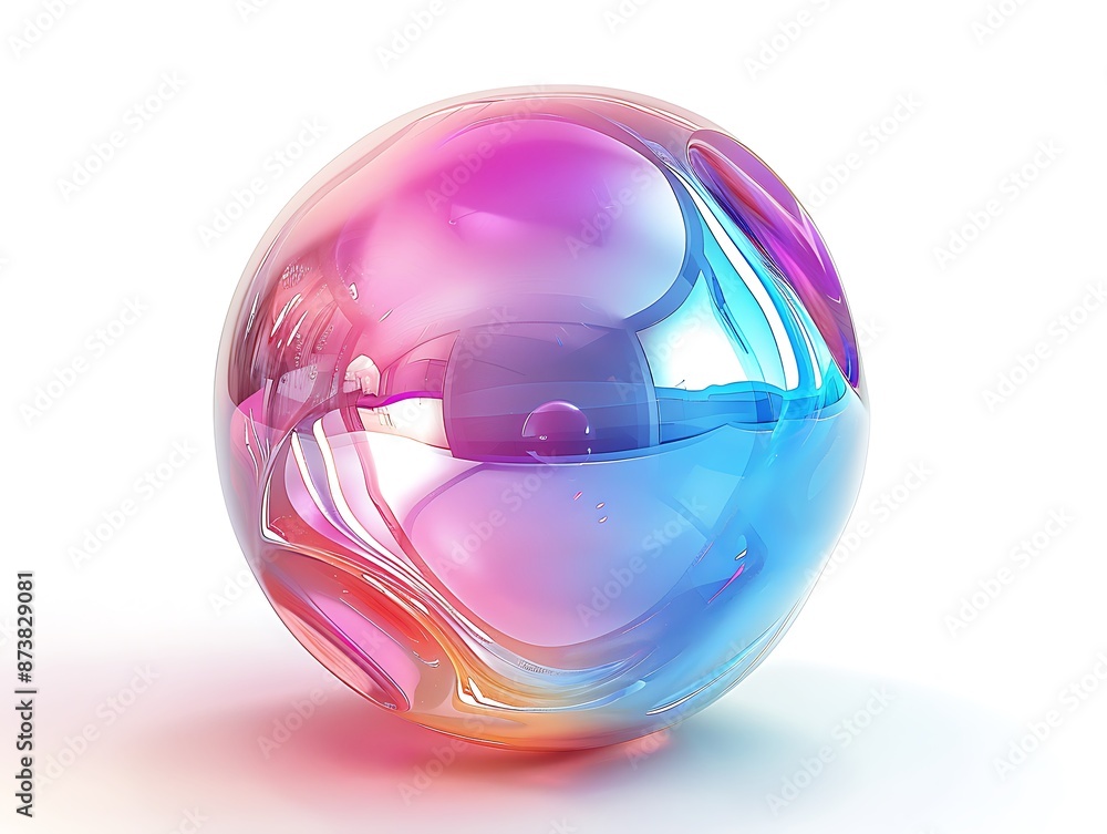 Poster generate an image of a floating, transparent sphere with iridescent colors, set against a white back