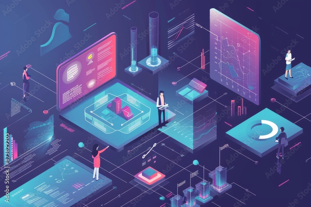 Poster isometric view digital marketing data analysis insight report, a futuristic image showing a person a