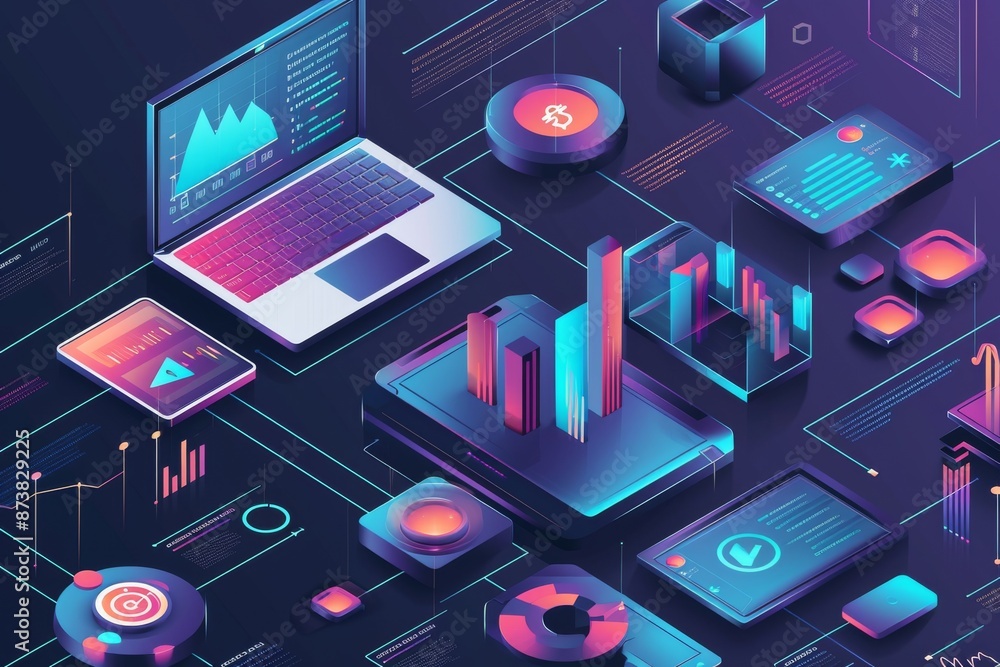 Aufkleber isometric view digital marketing data analysis insight report, a futuristic image showing a person a