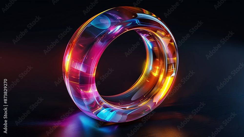 Poster create a sleek, translucent ring with a rainbow gradient effect, set against a deep black background