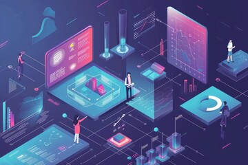 isometric view Digital marketing Data analysis insight report, A futuristic image showing a person analyzing data on a holographic screen, surrounded by advanced technology, AI generated