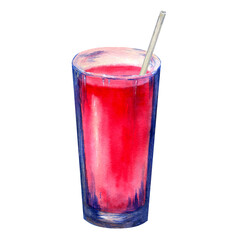 Raspberry lemonade in a glass watercolor illustration