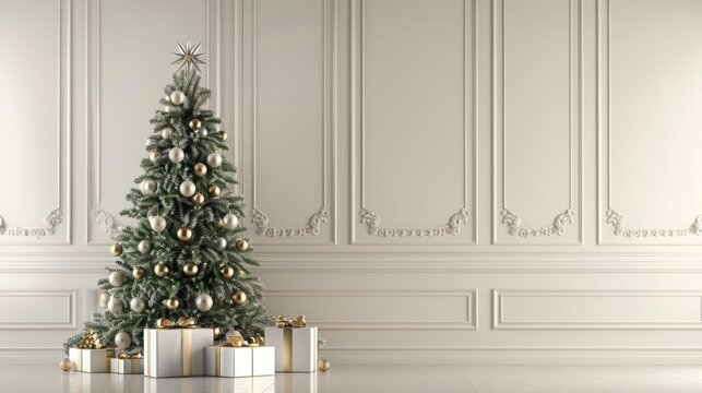 Elegant Christmas Tree with White and Gold Decorations and Presents in Classic Living Room
