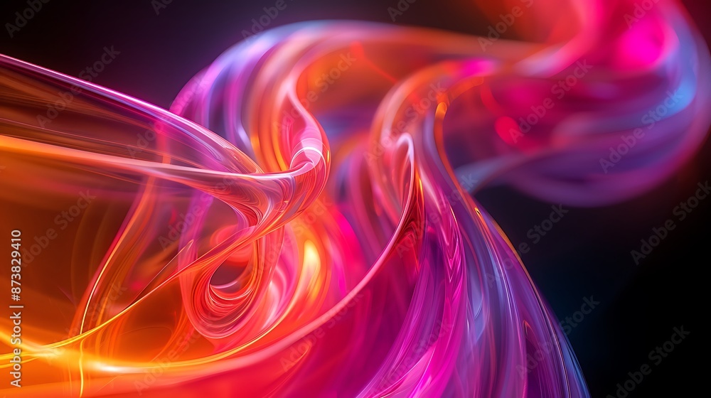 Poster create an abstract image showcasing a twisted, translucent spiral with vibrant neon hues on a black 