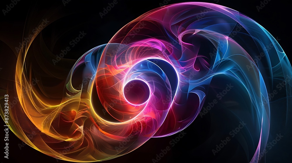 Poster create an abstract image showcasing a twisted, translucent spiral with vibrant neon hues on a black 