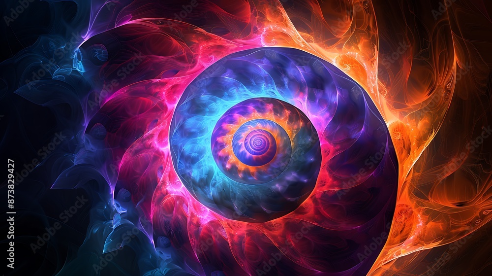 Poster create an abstract image showcasing a twisted, translucent spiral with vibrant neon hues on a black 