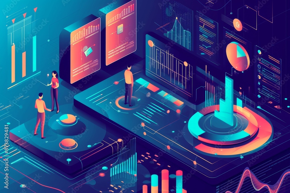 Aufkleber isometric view digital marketing data analysis insight report, a futuristic image showing a person a