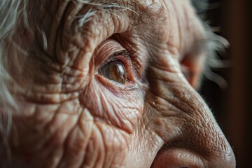 Naklejka premium Close-up of an aged womans eye showing wrinkles and signs of aging, An elderly person with wisdom etched in their face, reflecting a life well-lived