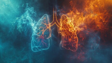 Dramatic anti-smoking banner showcasing a healthy lung morphing into a diseased lung, vibrant colors, impactful text, smoke effects