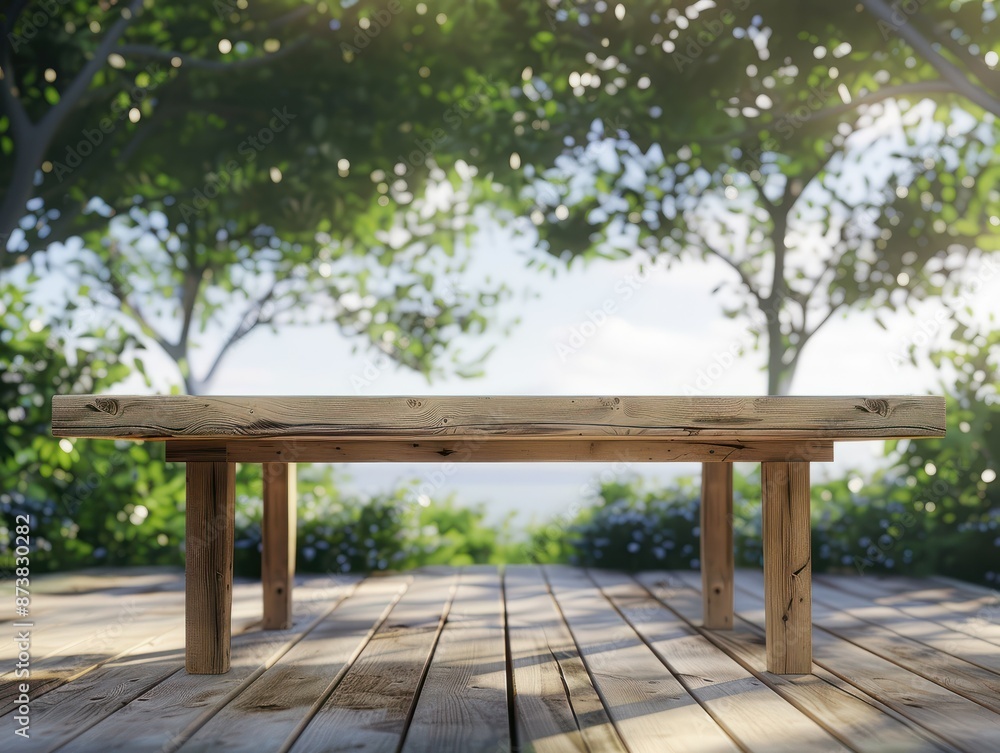 Poster outdoor background wooden table in 3d png transparent using for product presentation. created using 