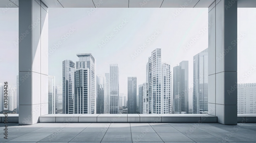 Poster a minimalist urban view from an apartment window, focusing on the geometric shapes and patterns crea
