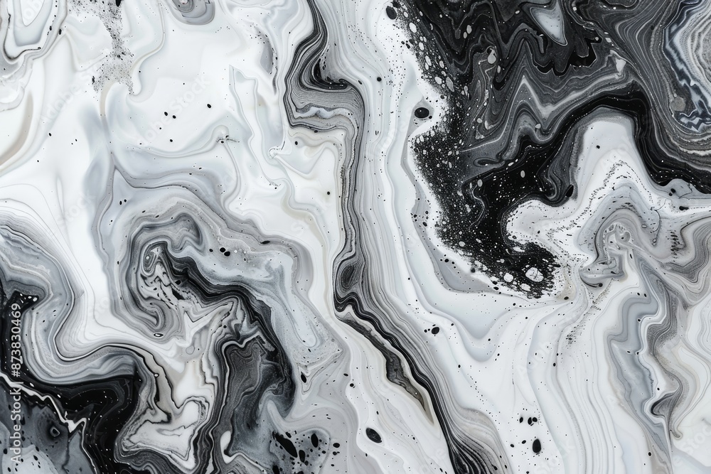 Poster black and white swirls elegantly merge in an abstract painting, creating a mesmerizing visual effect