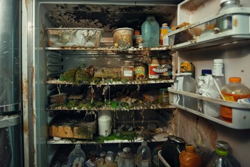 An open refrigerator brimming with an assortment of food items, An emotional portrayal of a neglected refrigerator filled with moldy, forgotten groceries