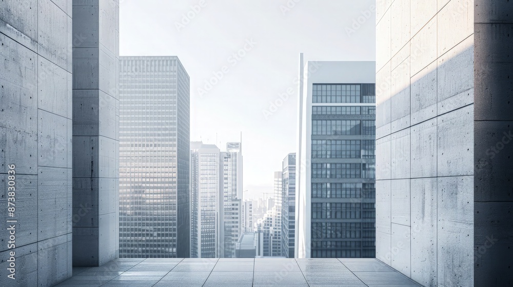 Poster a minimalist urban view from an apartment window, focusing on the geometric shapes and patterns crea